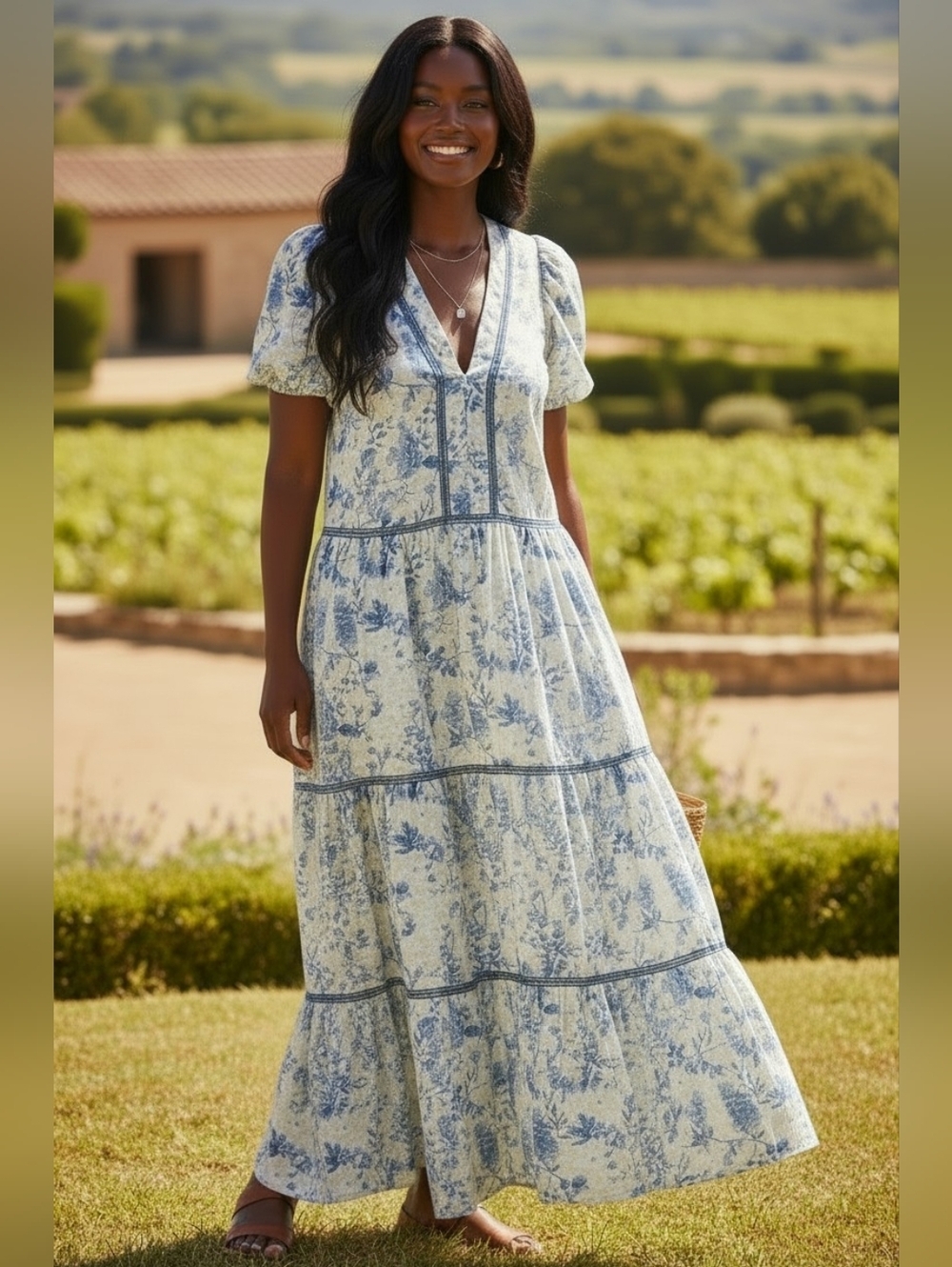 Blue Floral Prairie Maxi Dress Cottagecore Boho Tiered Romantic Size S